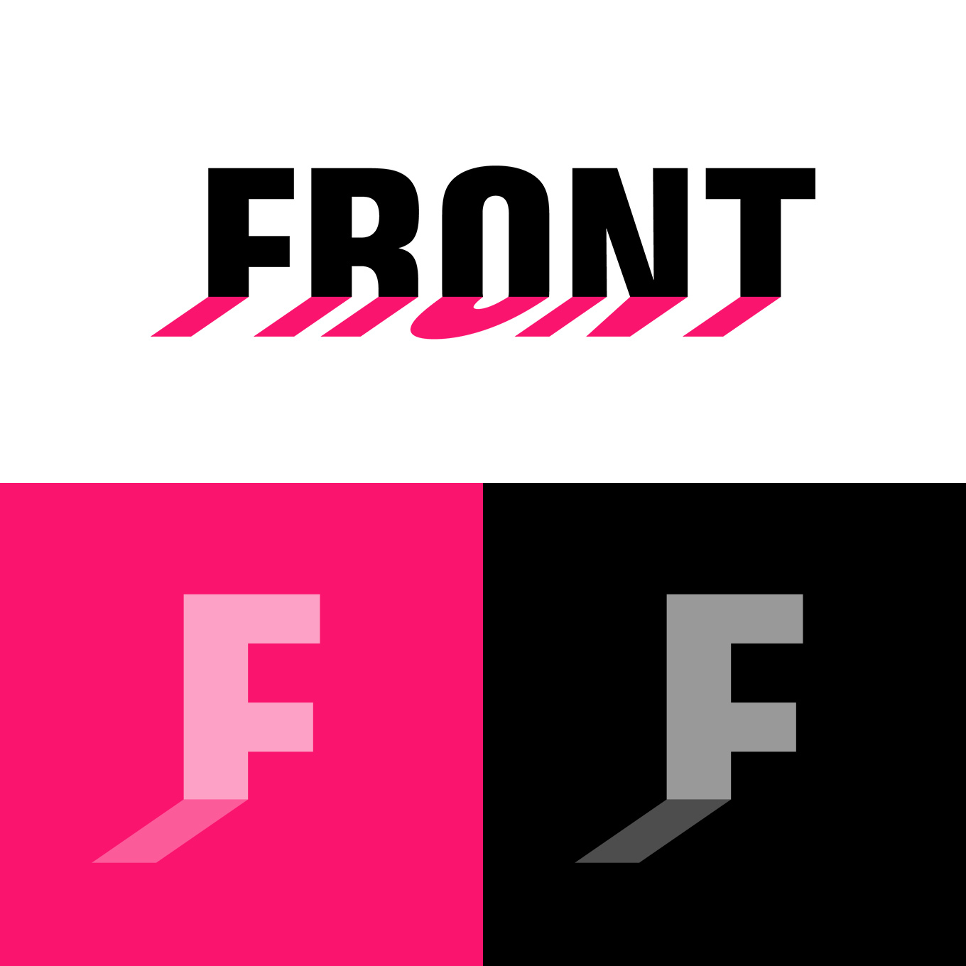 Logo design for FRONT International, shown as a logotype on white background and as a monogram on colored backgrounds