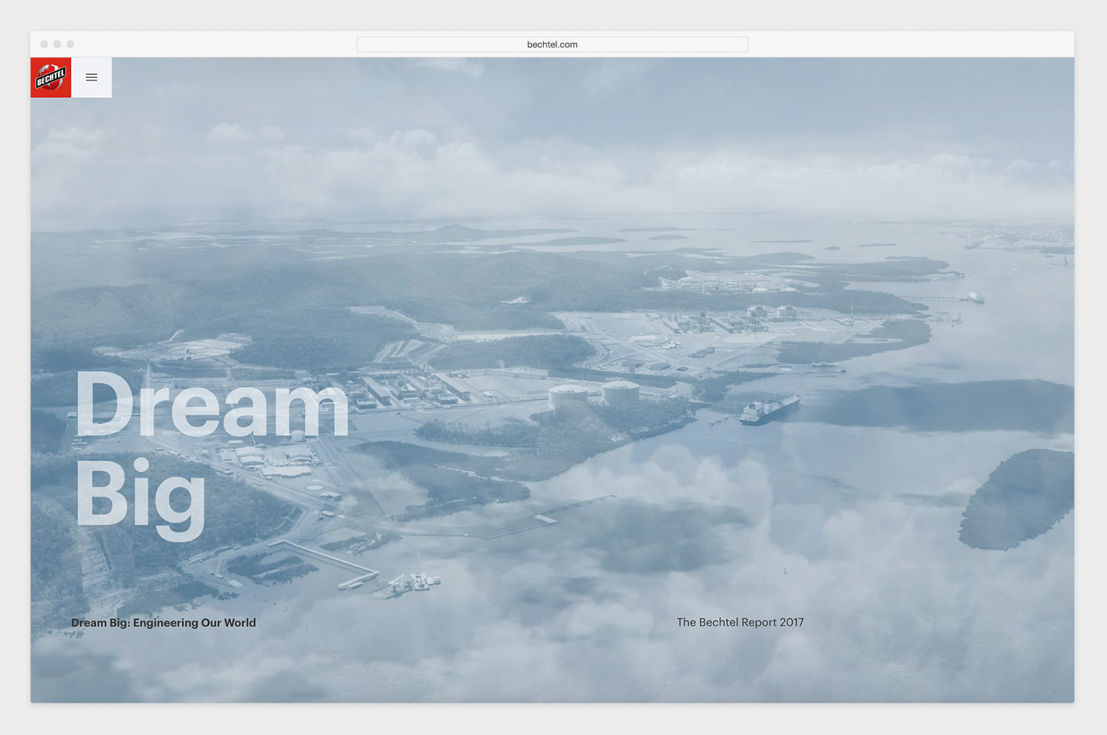 Landing page for the interactive digital 2017 Bechtel annual report design, which reads "Dream Big" with moving clouds