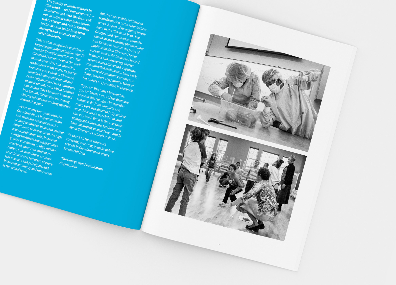 Open spread from Changing Minds annual report design for The George Gund Foundation, with photography by Lisa Kessler