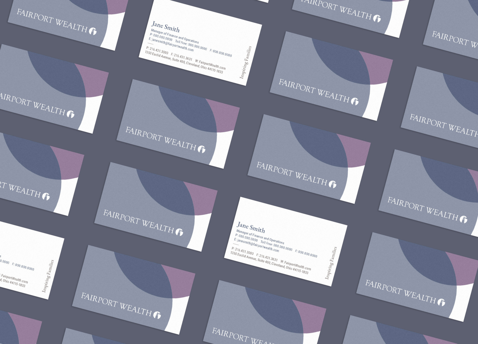 Array of business cards showing new brand design and identity for Fairport Wealth