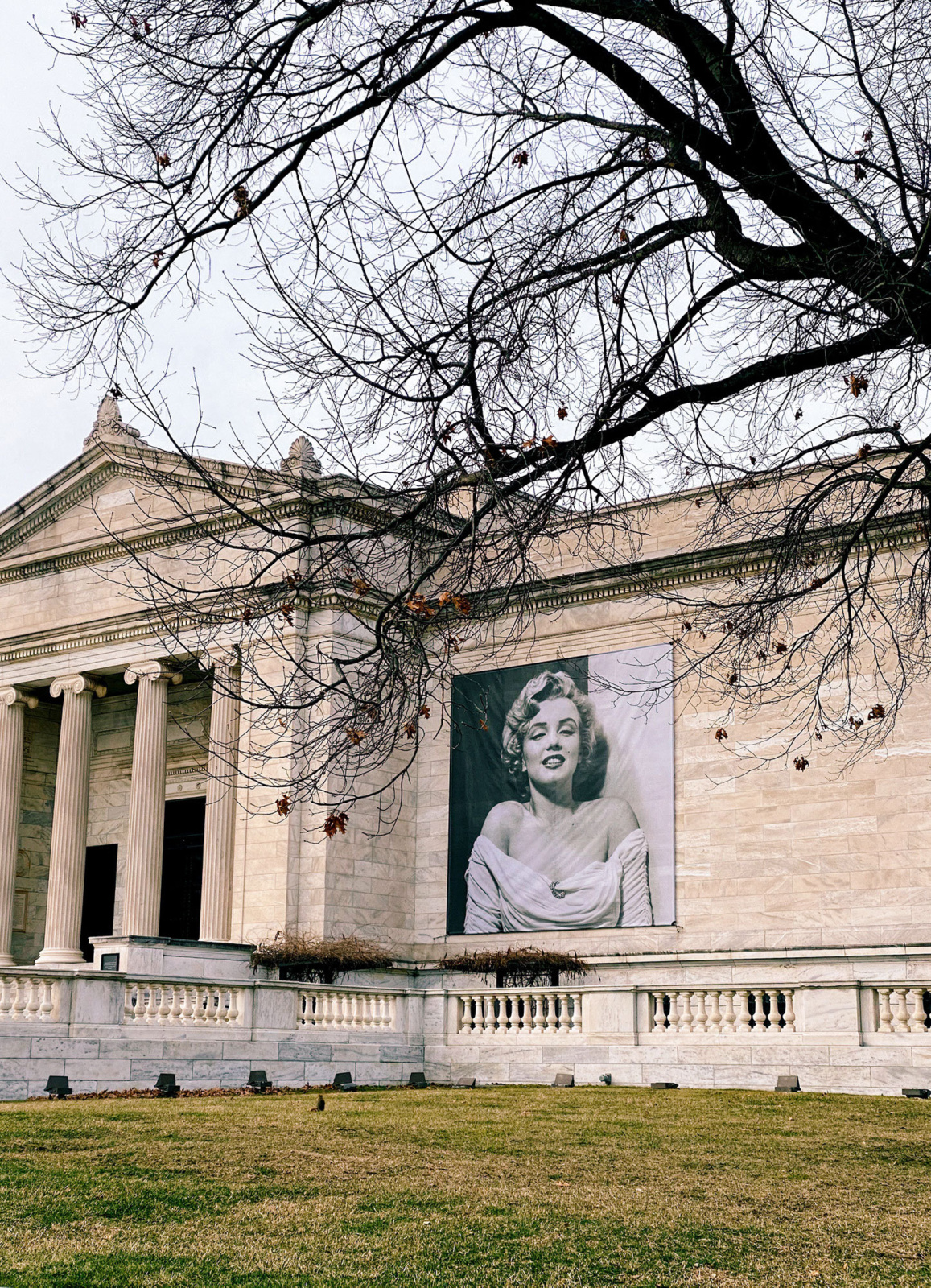 PROOF exhibition branding banners, featuring Marilyn Monroe, on the Cleveland Museum of Art
