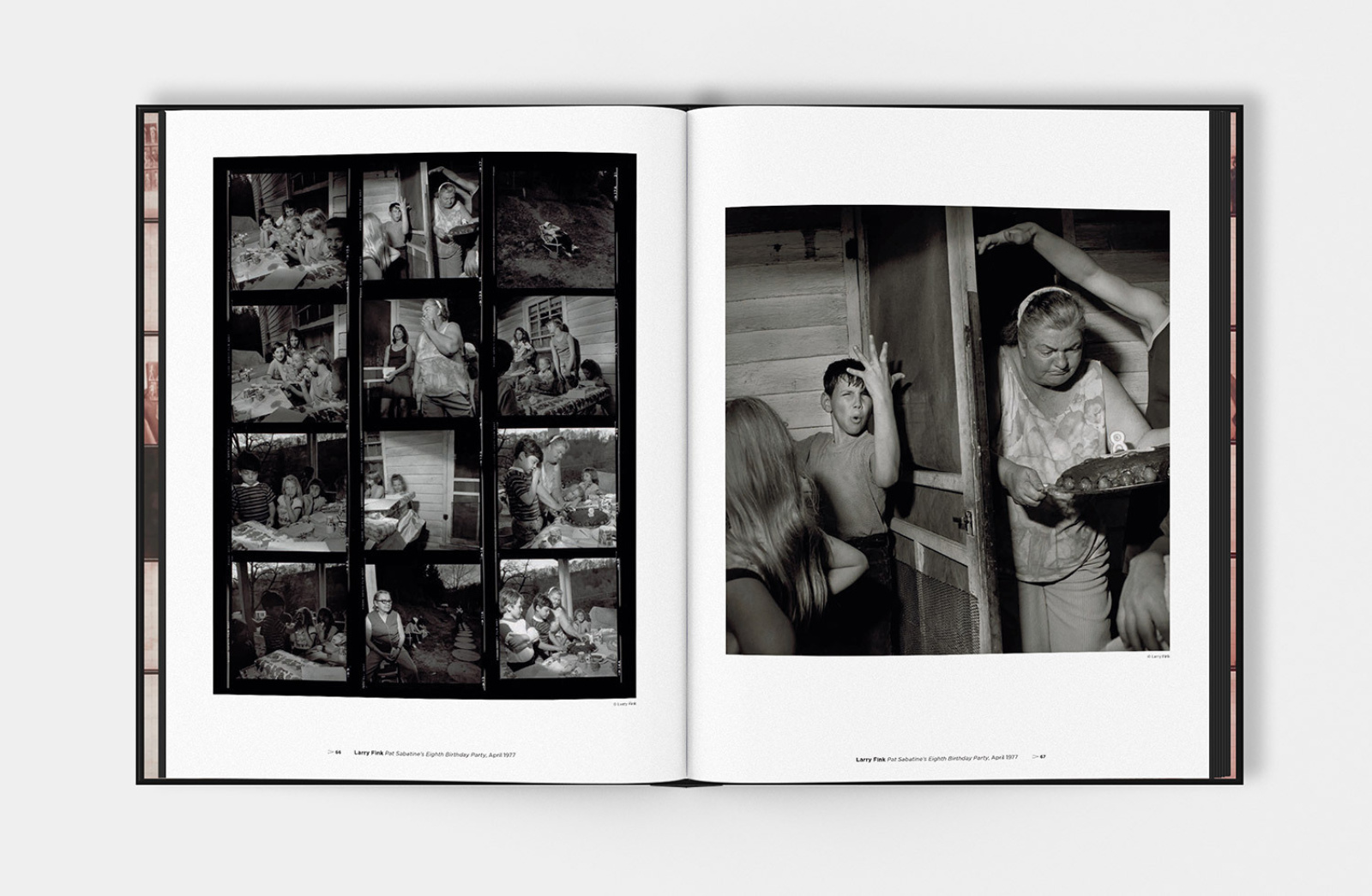 PROOF book design spread, showing a contact sheet and the chosen frame, photographed by Larry Fink
