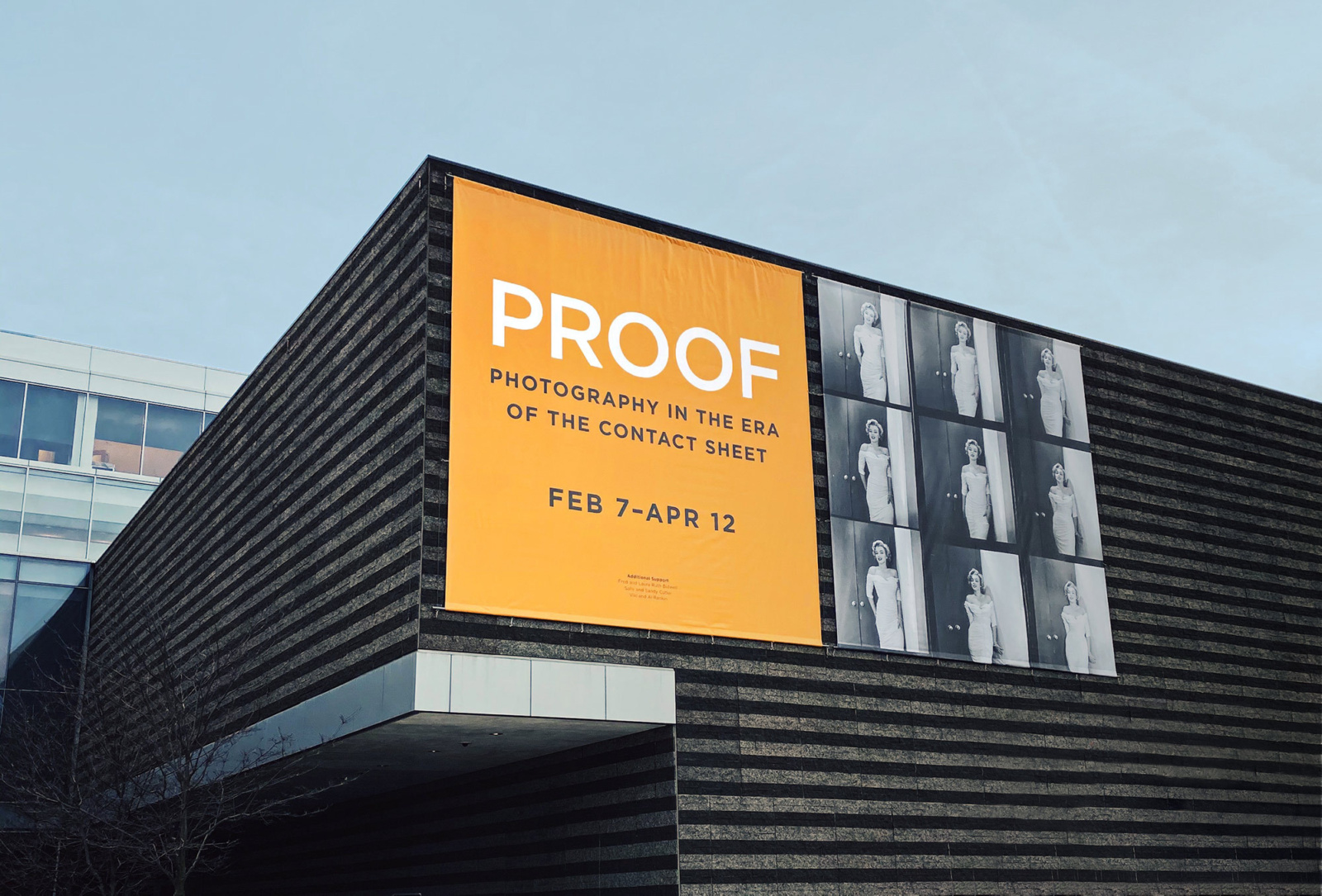 Brand design exhibition banner for PROOF: Photography in the Age of the Contact Sheet on the front of Cleveland Museum of Art