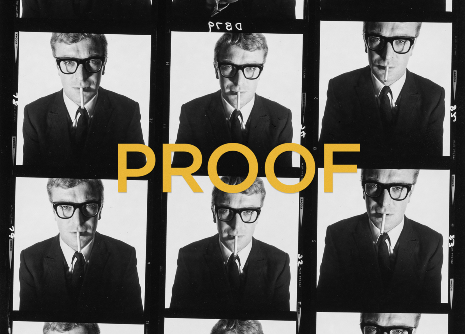 Detailed view of the PROOF book cover design, which features a Michael Caine contact sheet