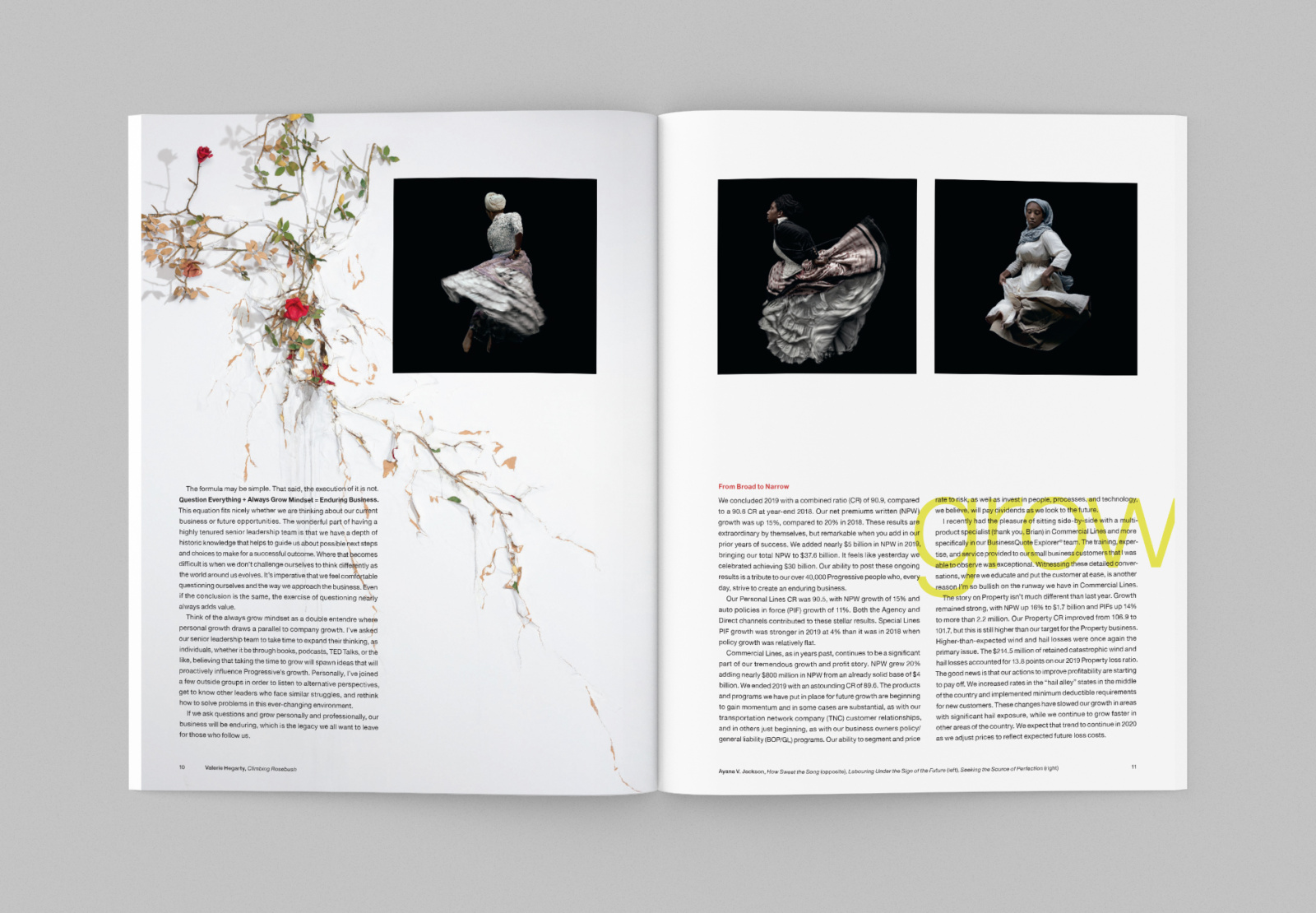 Spread from the 2019 Progressive Corporation annual report design featuring Valerie Hegarty and Ayana V. Jackson artworks