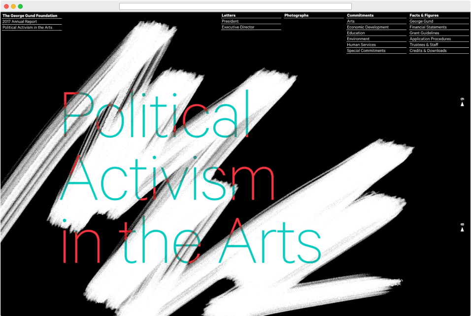 Web browser view of The George Gund Foundation 2017 annual report design, titled "Political Activism in the Arts"